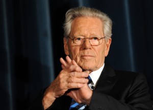 Author Hans Kueng sits on stage during the premiere of his book 'Jesus' at the Babylon cinema in Berlin, Germany, 12 March 2012. Gottschalk presented 298 page book. Photo: Rainer Jensen